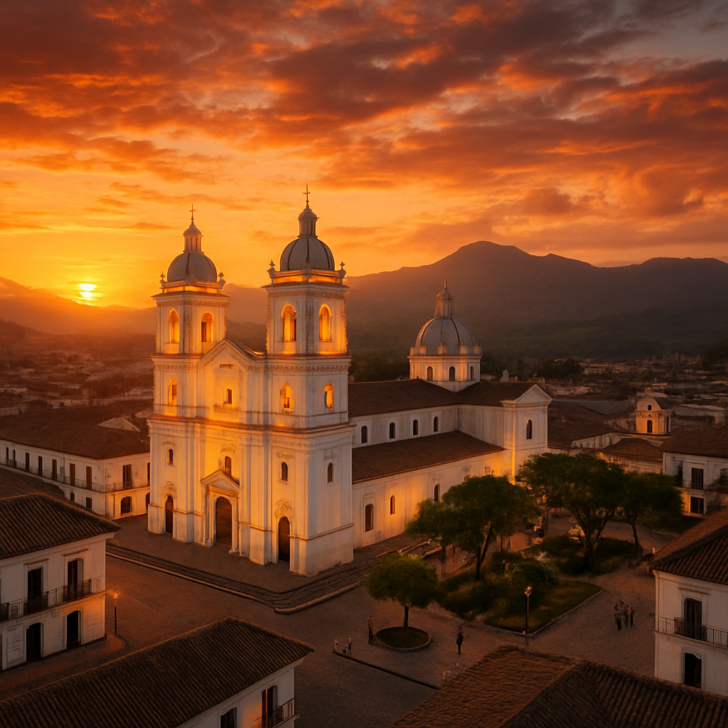 Vista aérea de Popayán, la Ciudad Blanca, al atardecer